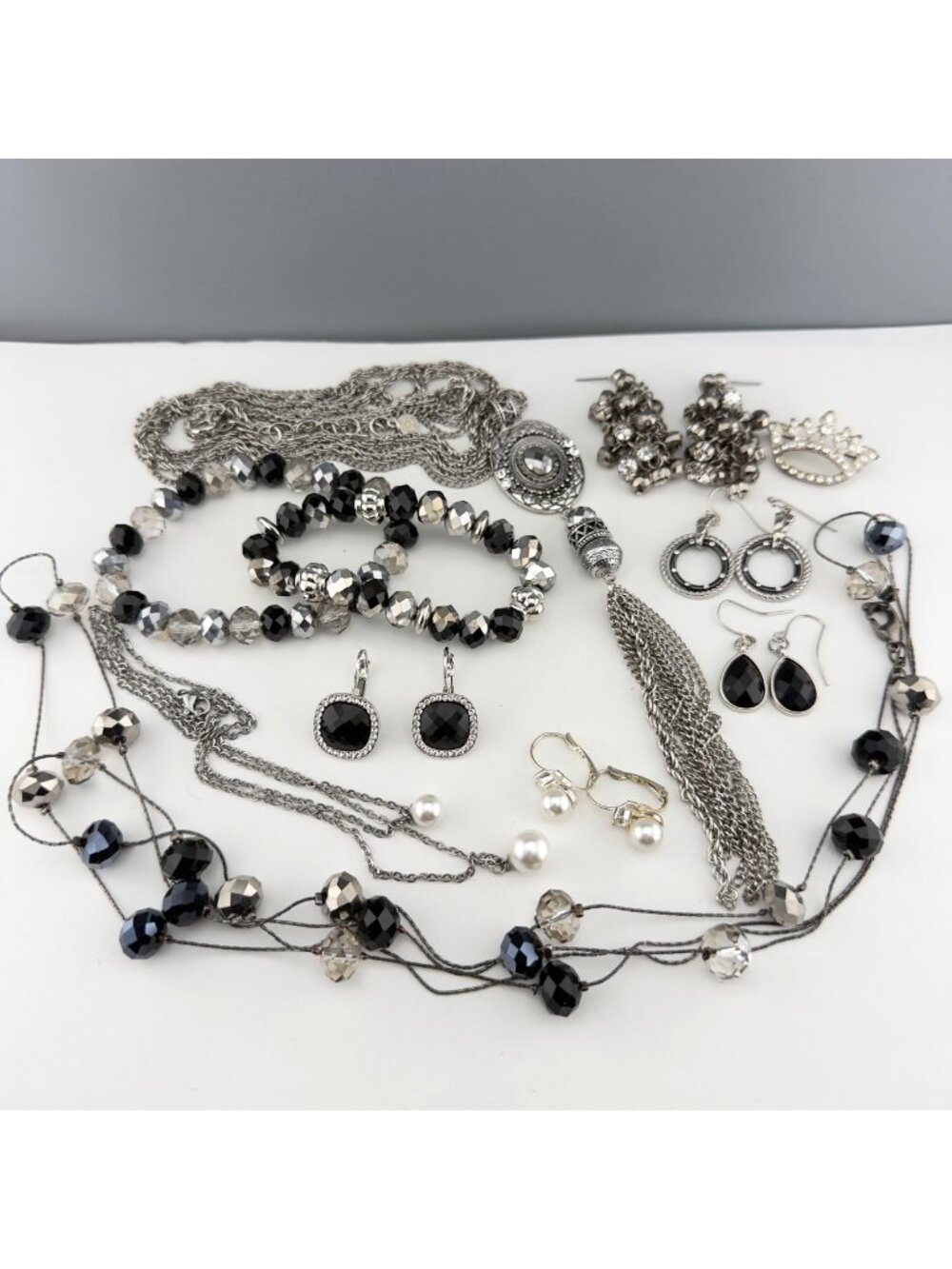 Mixed Jewelry Lot Silver Tone Rhinestone Tassel Necklace Earrings Brooch